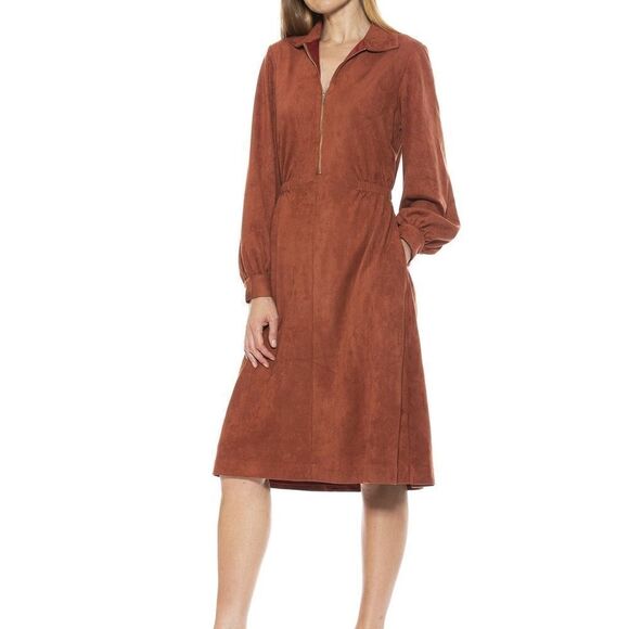 Revolve Alexia Admor Hailey Micro Suede MIDI Dress Copper Sz 8 - Picture 2 of 10